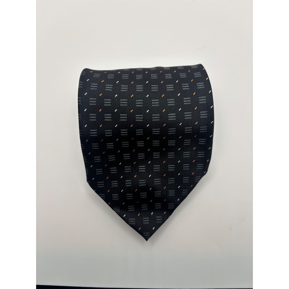 Clericci Mens Silk Necktie Navy Blue Orange Geometric Pattern Italian Style